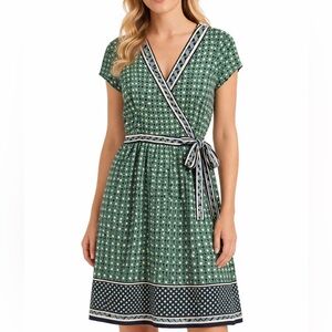 Max Studio Green Printed Wrap Dress with Striped Waist Tie